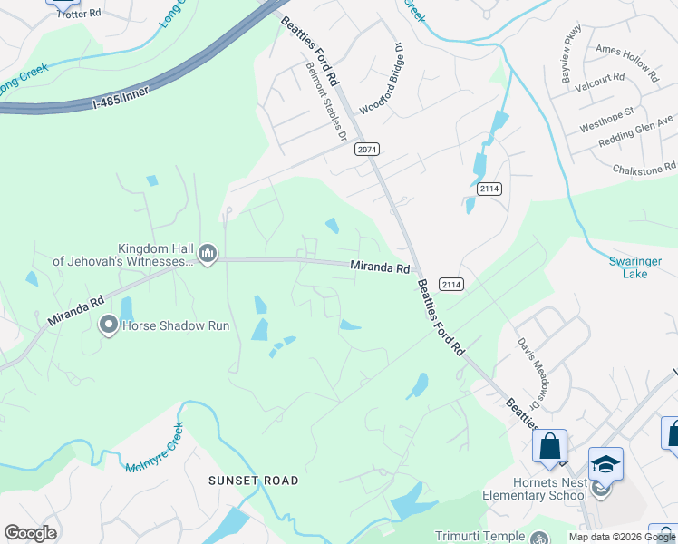 map of restaurants, bars, coffee shops, grocery stores, and more near 3877-4899 Miranda Road in Charlotte