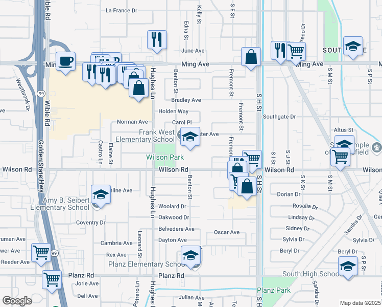 map of restaurants, bars, coffee shops, grocery stores, and more near 2400 Benton Street in Bakersfield