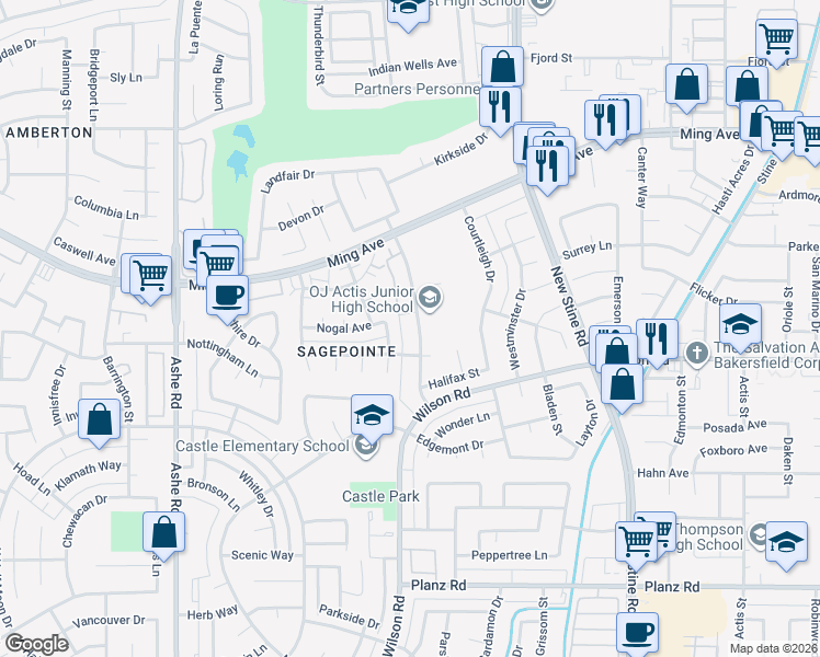map of restaurants, bars, coffee shops, grocery stores, and more near 2309 Westholme Boulevard in Bakersfield