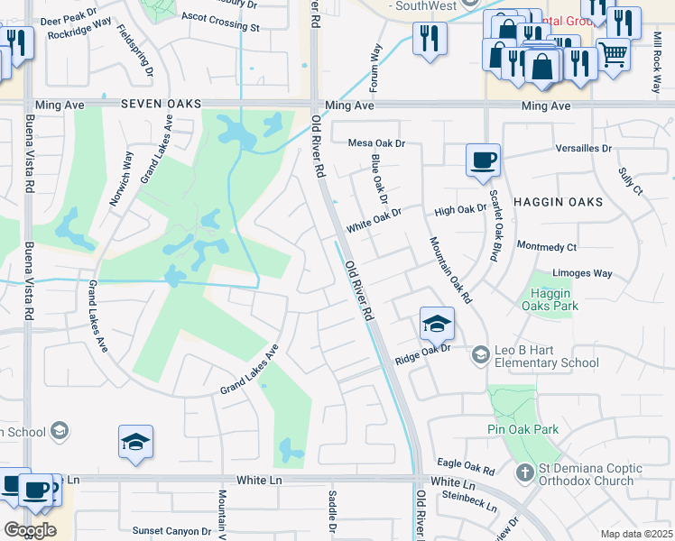map of restaurants, bars, coffee shops, grocery stores, and more near 2310 Snowdrop Drive in Bakersfield