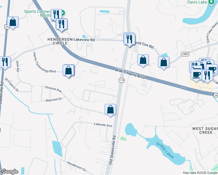 map of restaurants, bars, coffee shops, grocery stores, and more near 8205 Old Statesville Road in Charlotte
