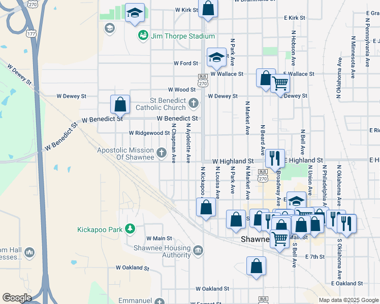 map of restaurants, bars, coffee shops, grocery stores, and more near 534 North Aydelotte Avenue in Shawnee