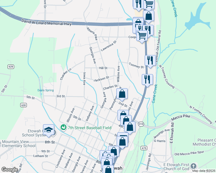 map of restaurants, bars, coffee shops, grocery stores, and more near 221 Georgia Avenue in Etowah