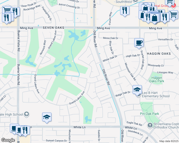 map of restaurants, bars, coffee shops, grocery stores, and more near 2403 Crocus Drive in Bakersfield