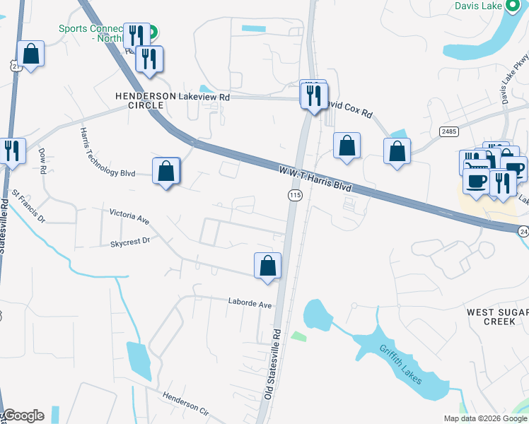 map of restaurants, bars, coffee shops, grocery stores, and more near 8205 Old Statesville Road in Charlotte