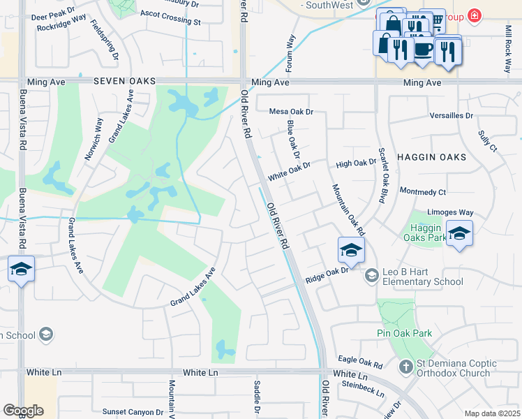 map of restaurants, bars, coffee shops, grocery stores, and more near 2310 Snowdrop Drive in Bakersfield