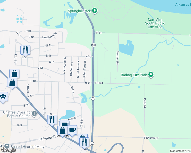 map of restaurants, bars, coffee shops, grocery stores, and more near 1023 Springhill Road in Barling