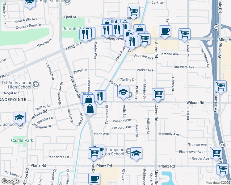 map of restaurants, bars, coffee shops, grocery stores, and more near 2300 Sandpiper Road in Bakersfield