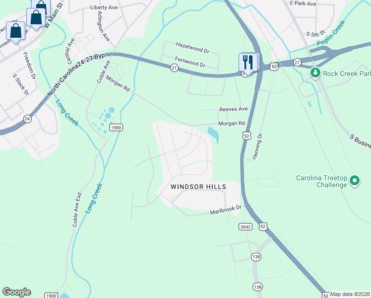 map of restaurants, bars, coffee shops, grocery stores, and more near 400 Farmbrook Drive in Albemarle