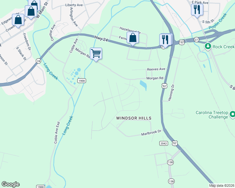 map of restaurants, bars, coffee shops, grocery stores, and more near 2104 Morgan Hills Drive in Albemarle