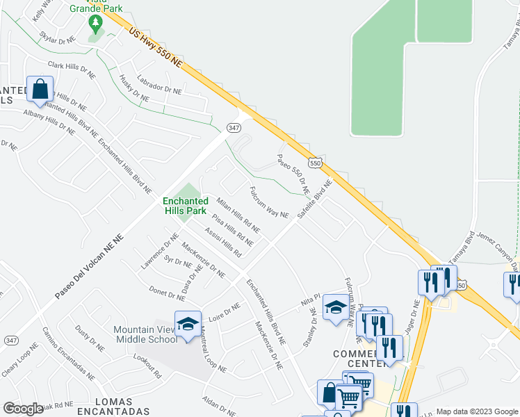 map of restaurants, bars, coffee shops, grocery stores, and more near 4501 Safelite Boulevard Northeast in Rio Rancho