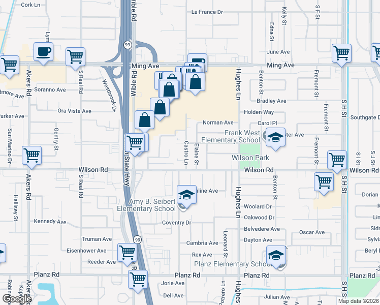 map of restaurants, bars, coffee shops, grocery stores, and more near 2801 Echo Avenue in Bakersfield