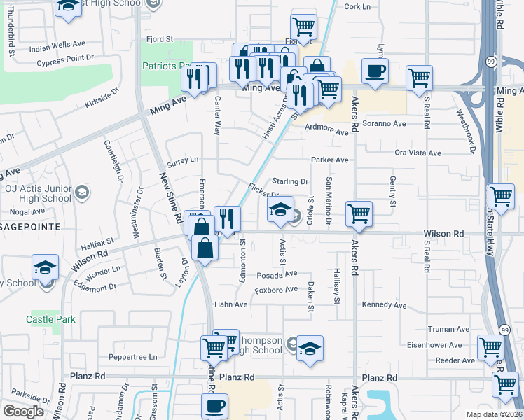 map of restaurants, bars, coffee shops, grocery stores, and more near 2300 Sandpiper Road in Bakersfield