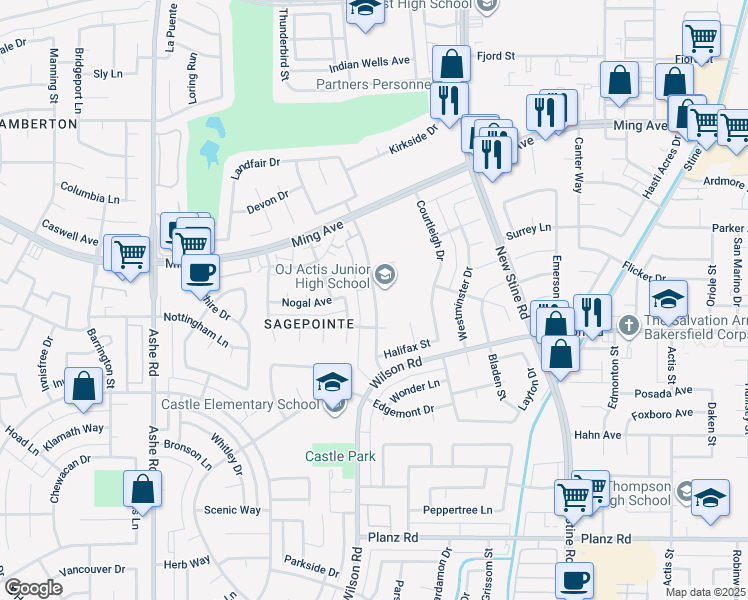 map of restaurants, bars, coffee shops, grocery stores, and more near 2309 Westholme Boulevard in Bakersfield