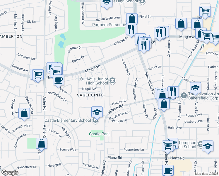 map of restaurants, bars, coffee shops, grocery stores, and more near 2400 Westholme Boulevard in Bakersfield