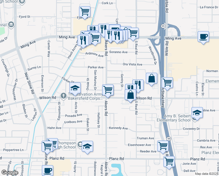 map of restaurants, bars, coffee shops, grocery stores, and more near 3816 Phaffle Drive in Bakersfield