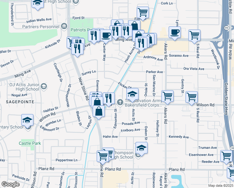 map of restaurants, bars, coffee shops, grocery stores, and more near 4520 Meadowlark Way in Bakersfield