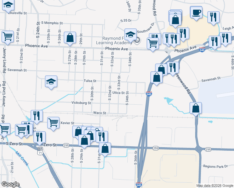 map of restaurants, bars, coffee shops, grocery stores, and more near 5123 South 33rd Street in Fort Smith