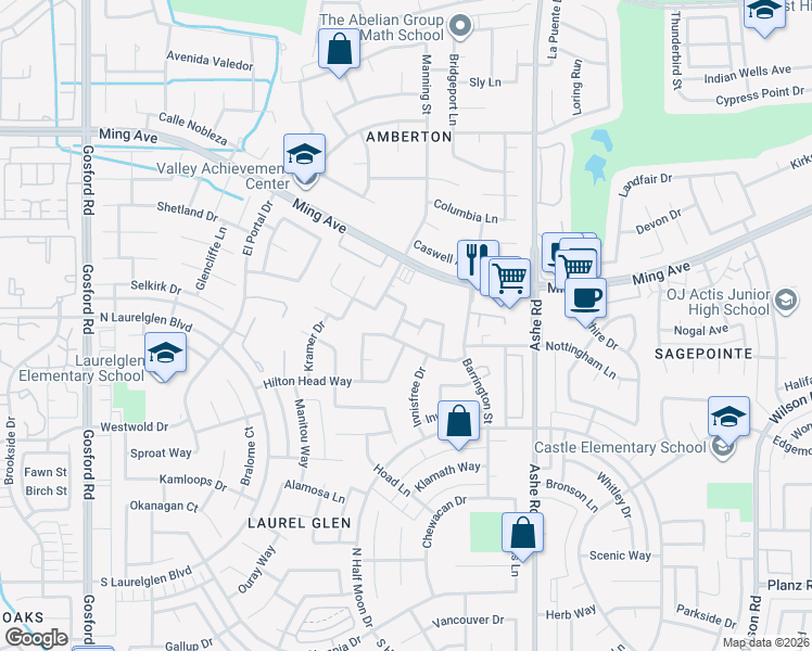 map of restaurants, bars, coffee shops, grocery stores, and more near 2300 Melbourne Lane in Bakersfield