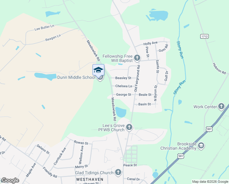 map of restaurants, bars, coffee shops, grocery stores, and more near 107 Chelsea Lane in Dunn