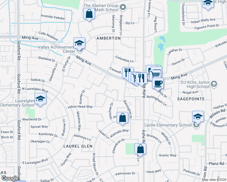 map of restaurants, bars, coffee shops, grocery stores, and more near 2300 Melbourne Lane in Bakersfield