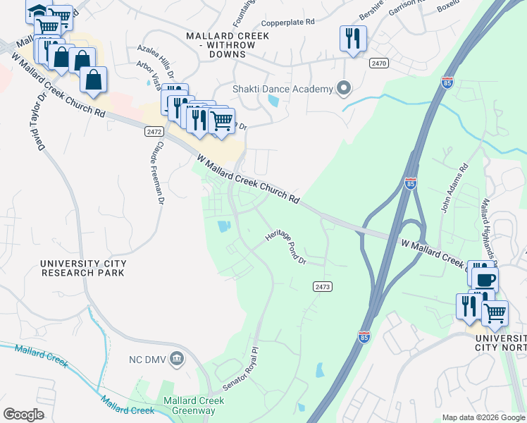 map of restaurants, bars, coffee shops, grocery stores, and more near 9224 Graham Ridge Drive in Charlotte