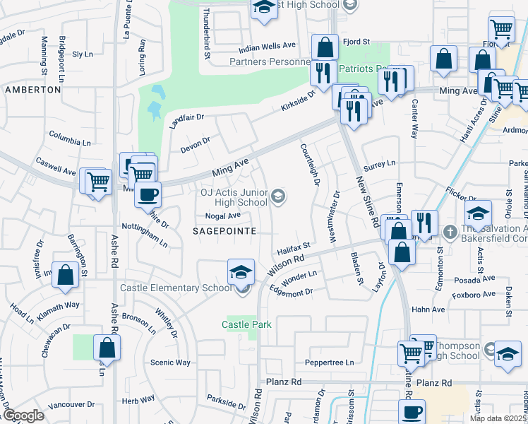 map of restaurants, bars, coffee shops, grocery stores, and more near 2309 Westholme Boulevard in Bakersfield