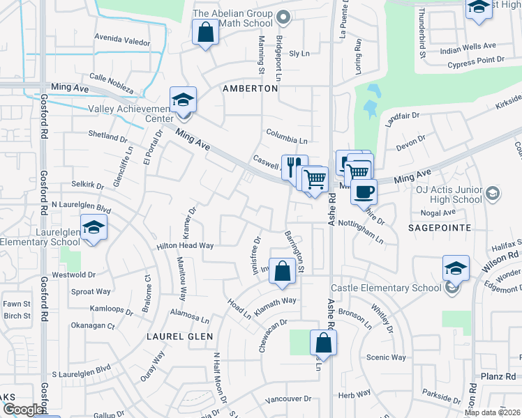 map of restaurants, bars, coffee shops, grocery stores, and more near 2300 Melbourne Lane in Bakersfield