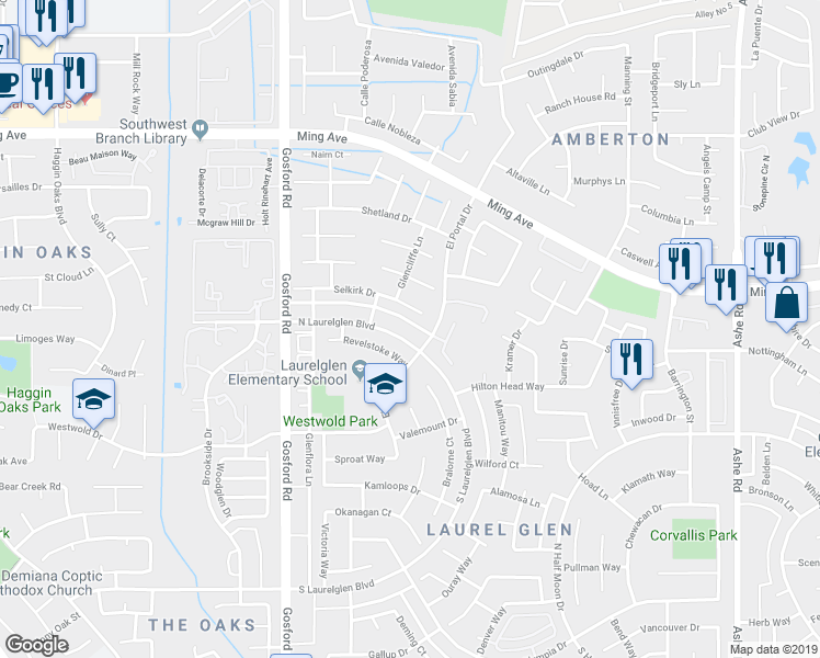 map of restaurants, bars, coffee shops, grocery stores, and more near 7708 North Laurelglen Boulevard in Bakersfield