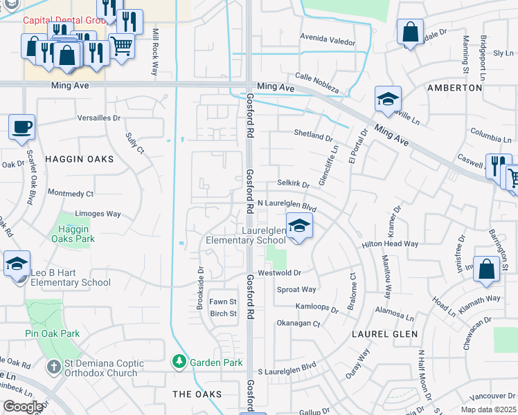 map of restaurants, bars, coffee shops, grocery stores, and more near 8000 Glenflora Lane in Bakersfield