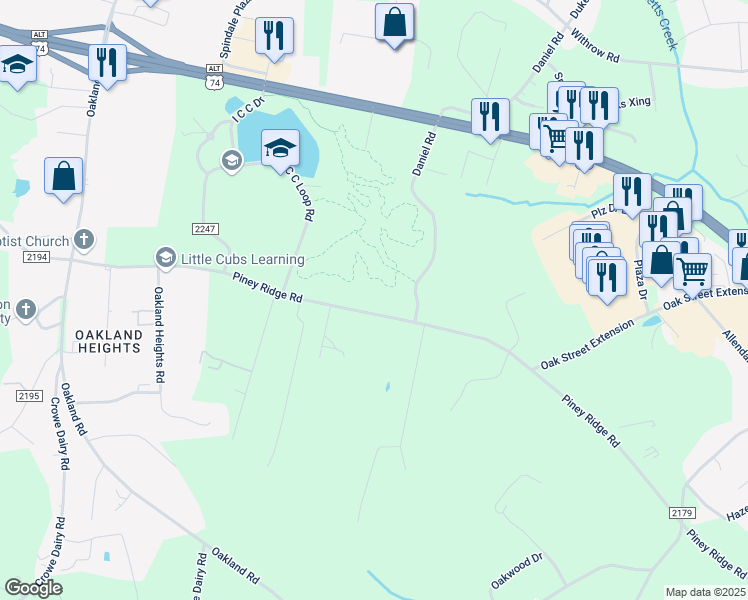 map of restaurants, bars, coffee shops, grocery stores, and more near 493 Piney Ridge Road in Forest City