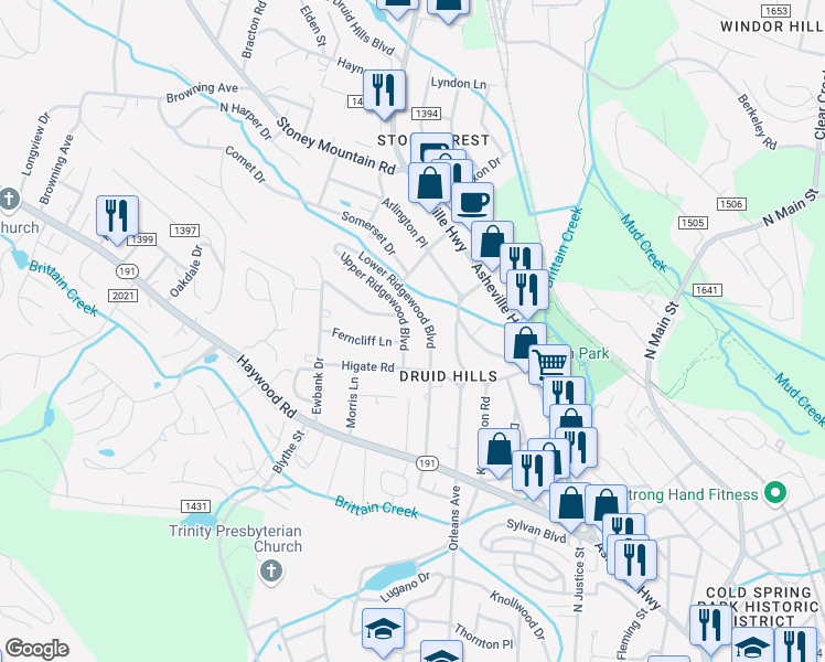 map of restaurants, bars, coffee shops, grocery stores, and more near 1736 Upper Ridgewood Boulevard in Hendersonville
