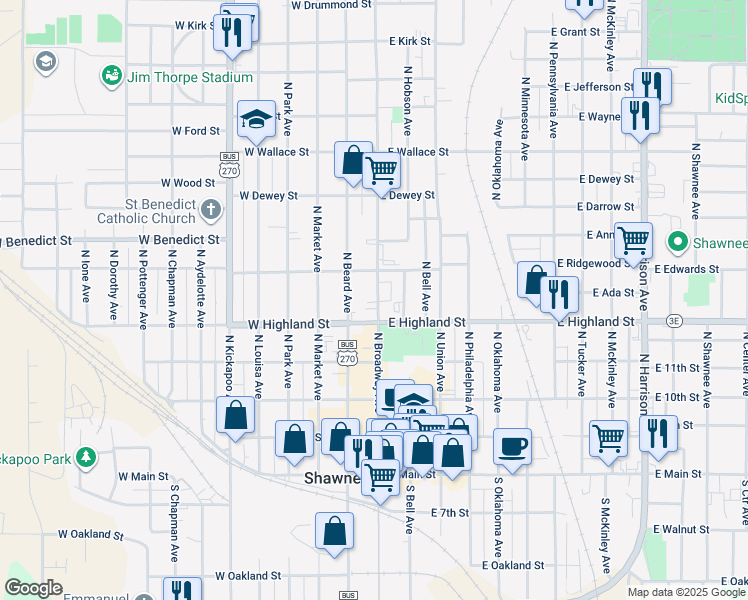 map of restaurants, bars, coffee shops, grocery stores, and more near 536 North Bdwy in Shawnee