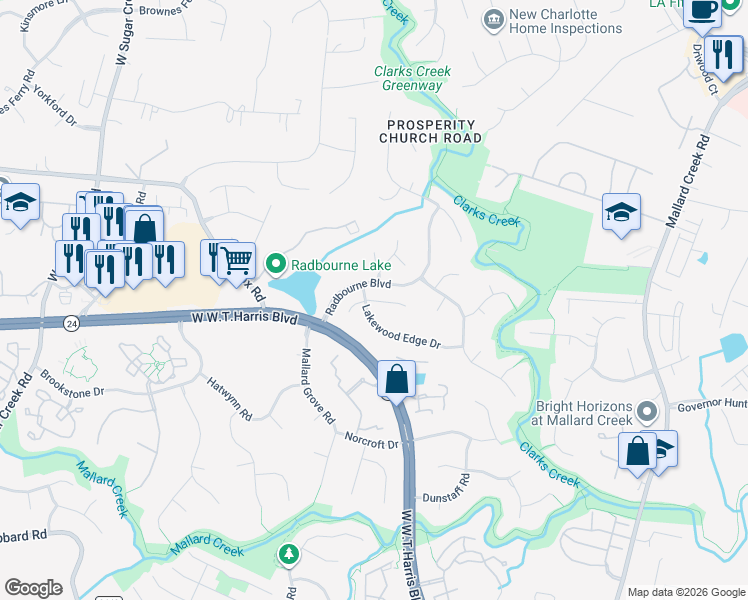 map of restaurants, bars, coffee shops, grocery stores, and more near Wylie Meadow Lane in Charlotte