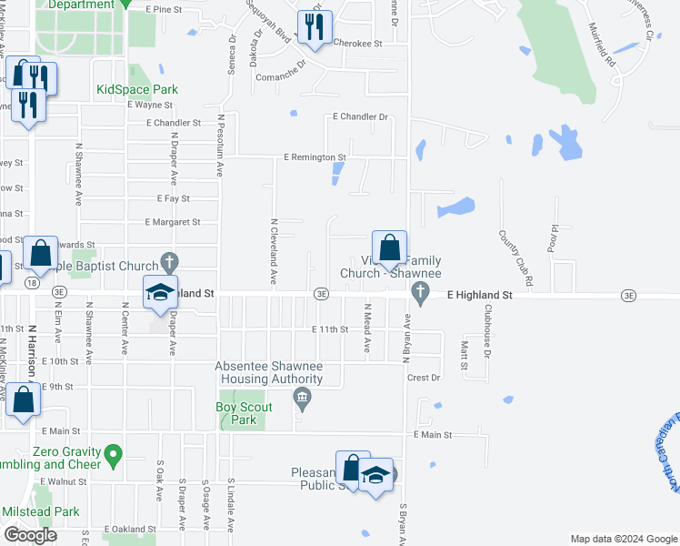 map of restaurants, bars, coffee shops, grocery stores, and more near 509 North Roosevelt Avenue in Shawnee