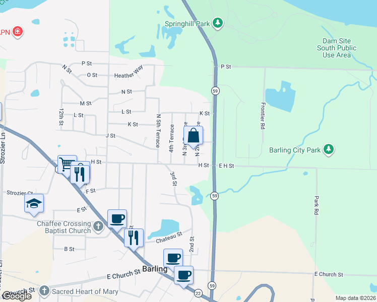 map of restaurants, bars, coffee shops, grocery stores, and more near 1003 North 3rd Terrace in Barling