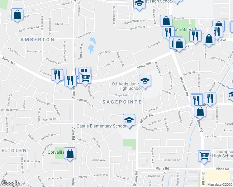 map of restaurants, bars, coffee shops, grocery stores, and more near 6024 Nogal Avenue in Bakersfield