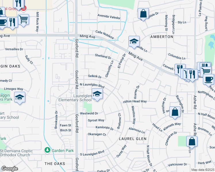 map of restaurants, bars, coffee shops, grocery stores, and more near 7708 North Laurelglen Boulevard in Bakersfield