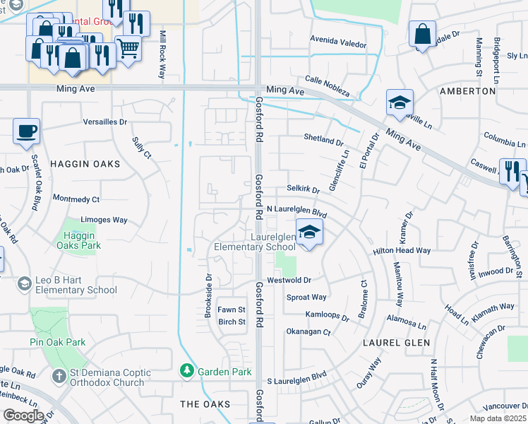 map of restaurants, bars, coffee shops, grocery stores, and more near 2300 Gosford Road in Bakersfield