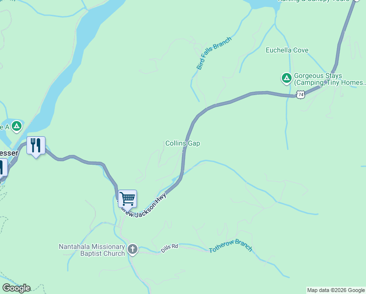 map of restaurants, bars, coffee shops, grocery stores, and more near 11410-11594 U.S. 74 in Bryson City