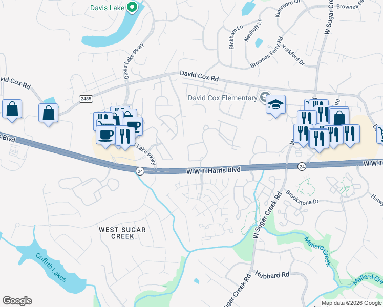 map of restaurants, bars, coffee shops, grocery stores, and more near 4520 Sugarberry Drive in Charlotte