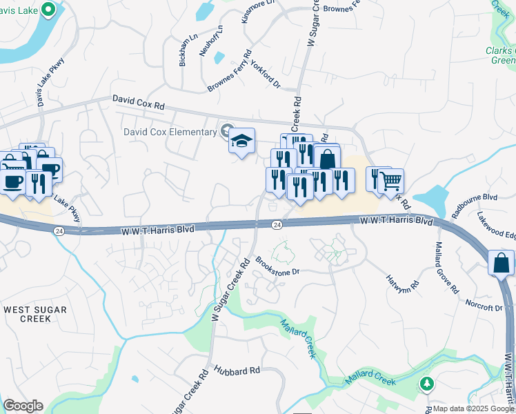 map of restaurants, bars, coffee shops, grocery stores, and more near 6405 West Sugar Creek Road in Charlotte