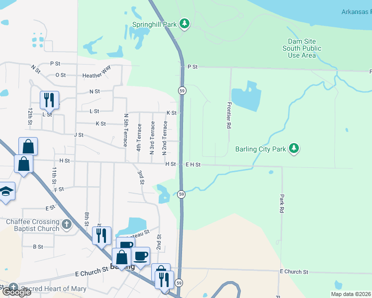map of restaurants, bars, coffee shops, grocery stores, and more near 1023 Springhill Road in Barling