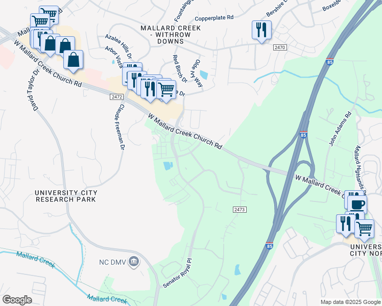 map of restaurants, bars, coffee shops, grocery stores, and more near 1835 West Mallard Creek Church Road in Charlotte