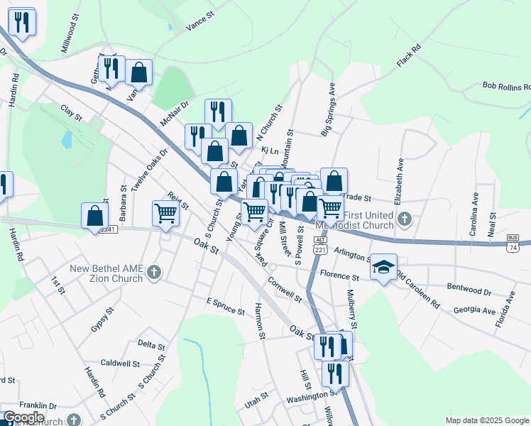 map of restaurants, bars, coffee shops, grocery stores, and more near in Forest City