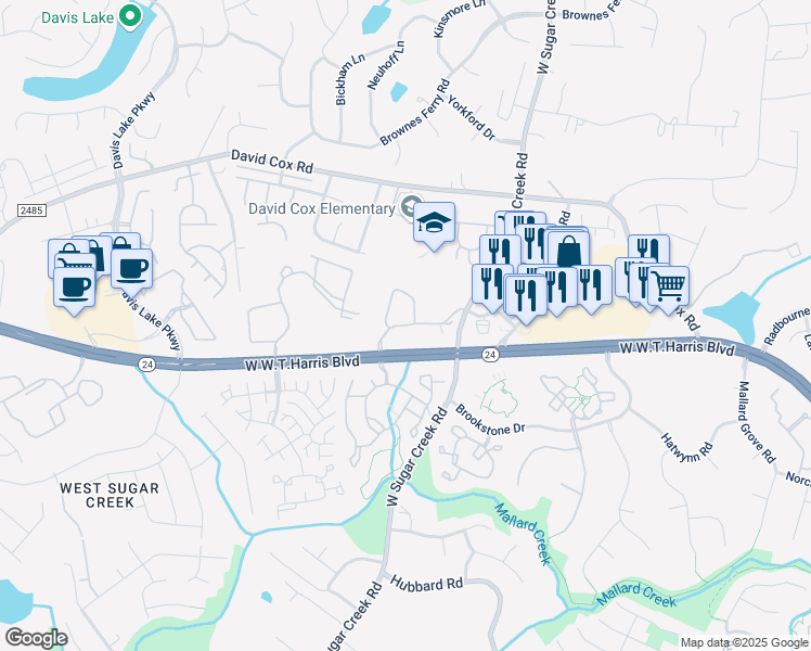 map of restaurants, bars, coffee shops, grocery stores, and more near 6219 Waterford Hills Drive in Charlotte