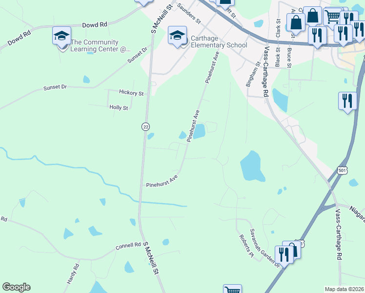map of restaurants, bars, coffee shops, grocery stores, and more near 801 Pinehurst Avenue in Carthage