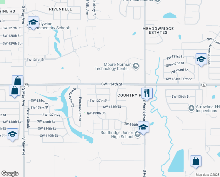 map of restaurants, bars, coffee shops, grocery stores, and more near 13078 Thistle Trail in Oklahoma City