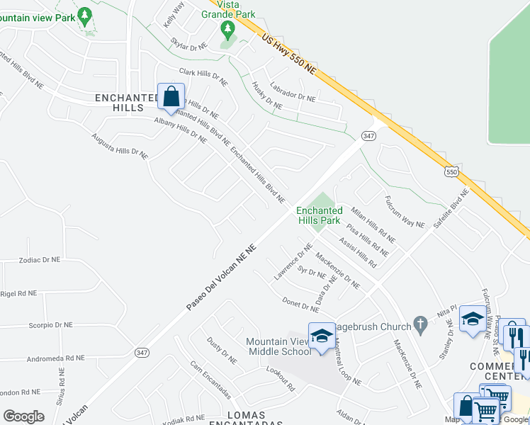 map of restaurants, bars, coffee shops, grocery stores, and more near 7100 Albany Hills Court Northeast in Rio Rancho