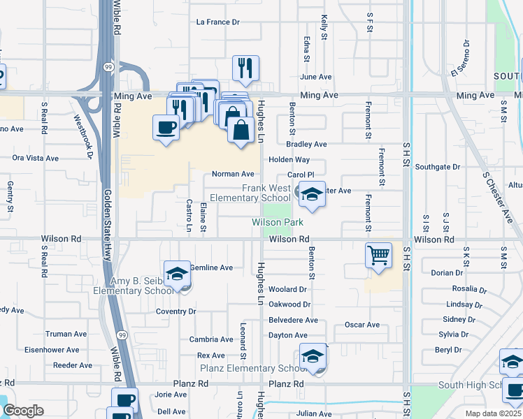 map of restaurants, bars, coffee shops, grocery stores, and more near 2400 Echo Avenue in Bakersfield